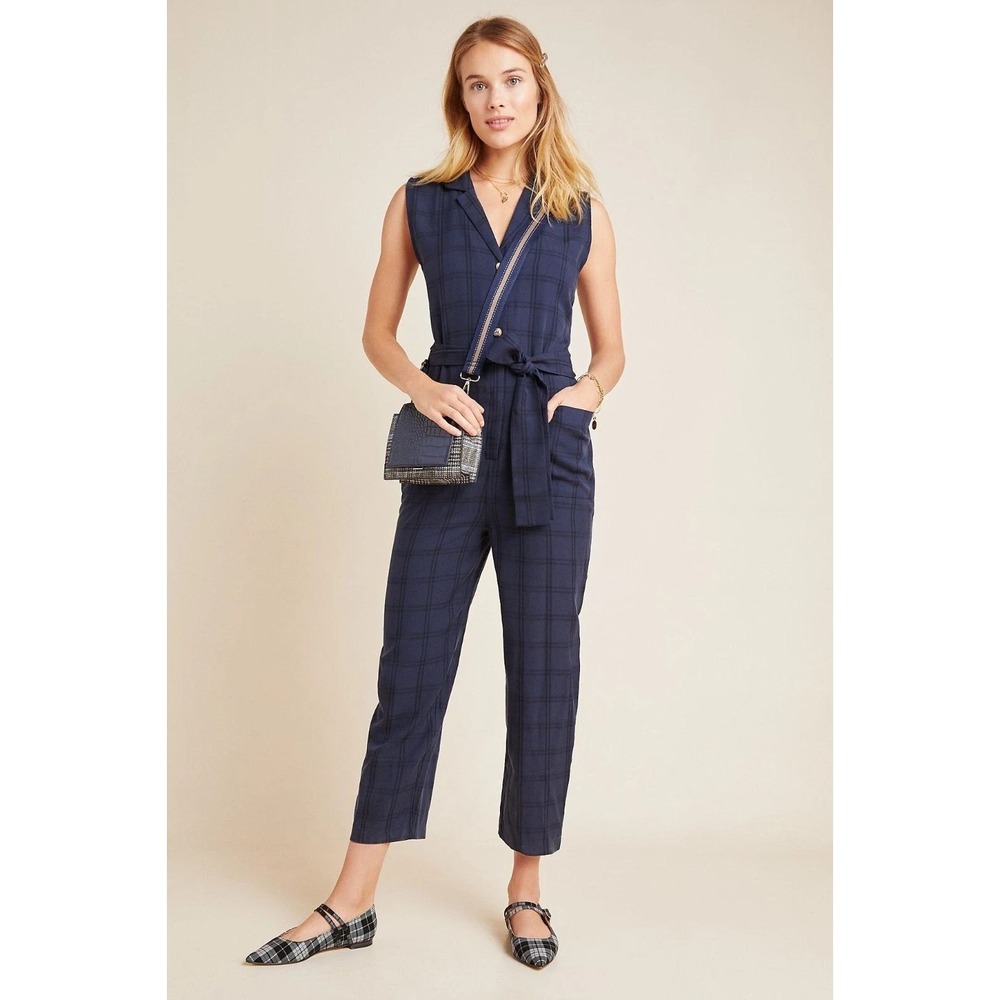 by Anthropologie Brielle Plaid Sleeveless Tie Waist Jumpsuit Navy Blue SZ M